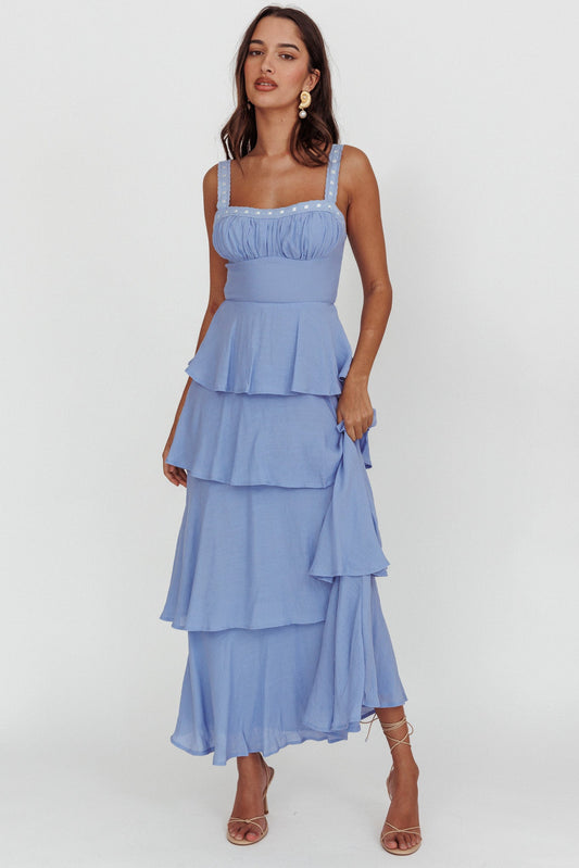 Provence Bloom Tiered Ruffle Maxi Dress Blue