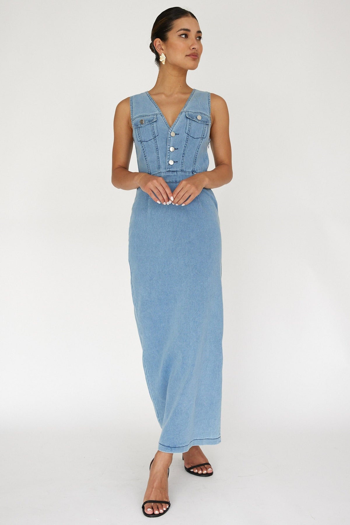 Jazelle Sleeveless Button Front Maxi Dress Denim