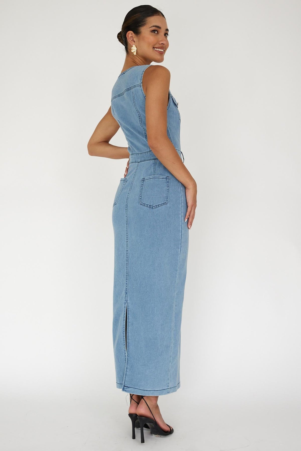 Jazelle Sleeveless Button Front Maxi Dress Denim