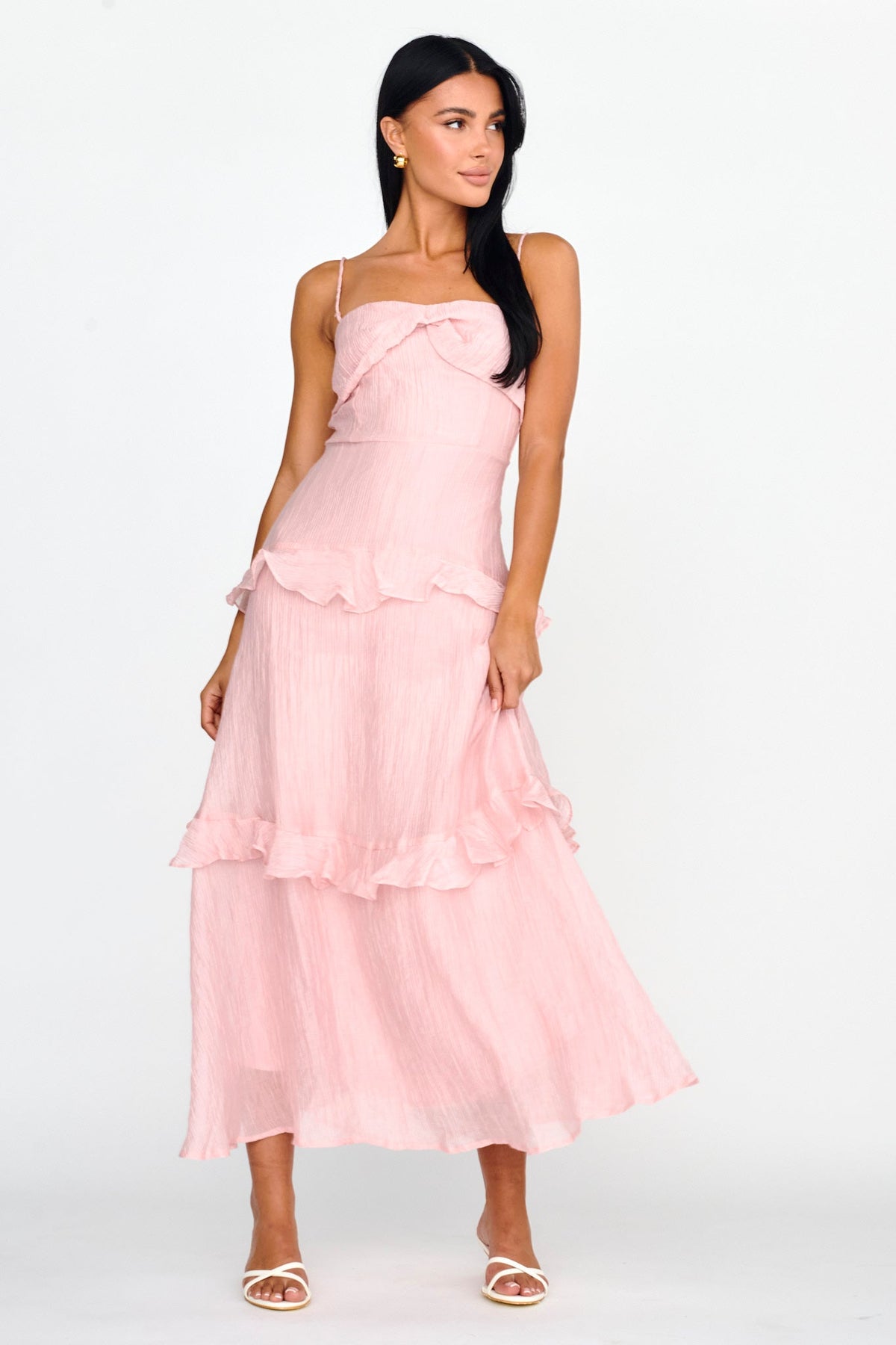 Rise & Glow Frill Trim Textured Midi Dress Blush