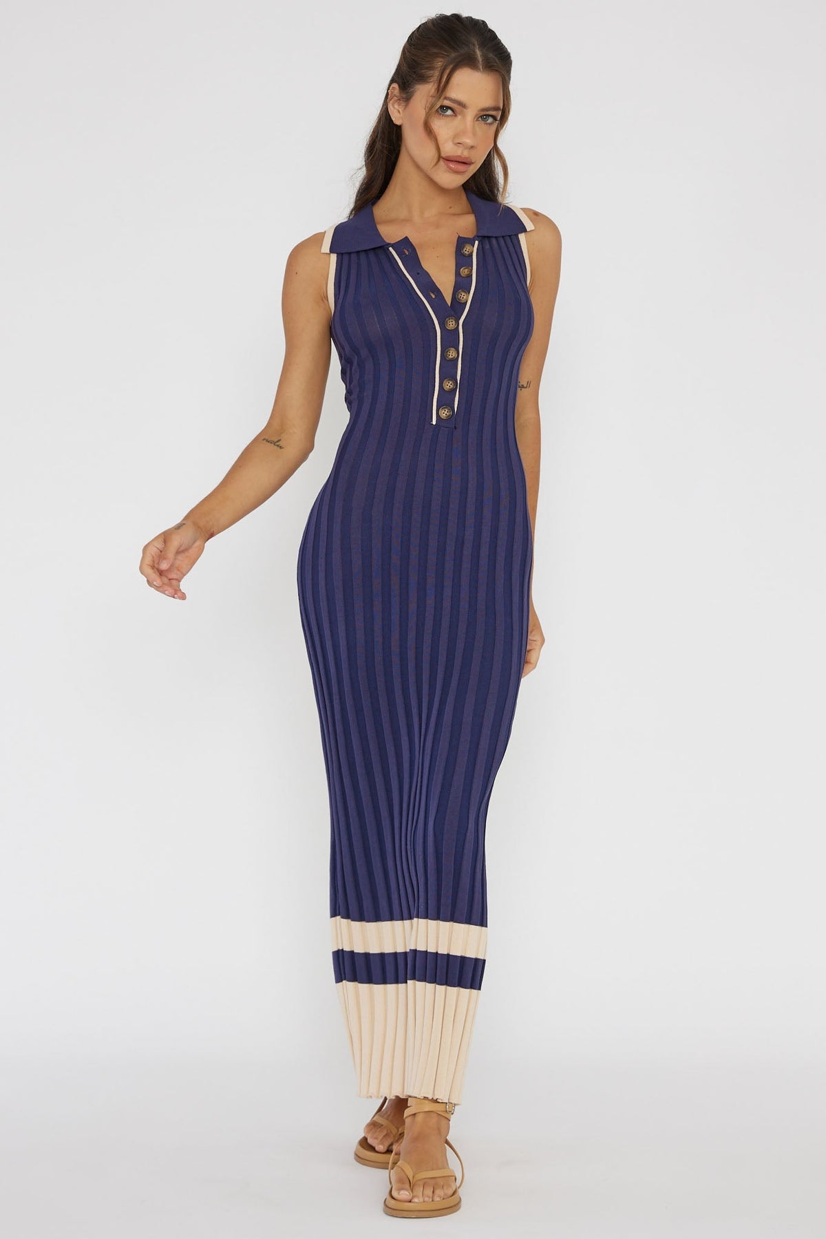 Cayla Button-Up Ribbed Knit Dress Navy