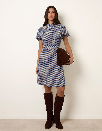 High Neck Angel Sleeve Mini Dress