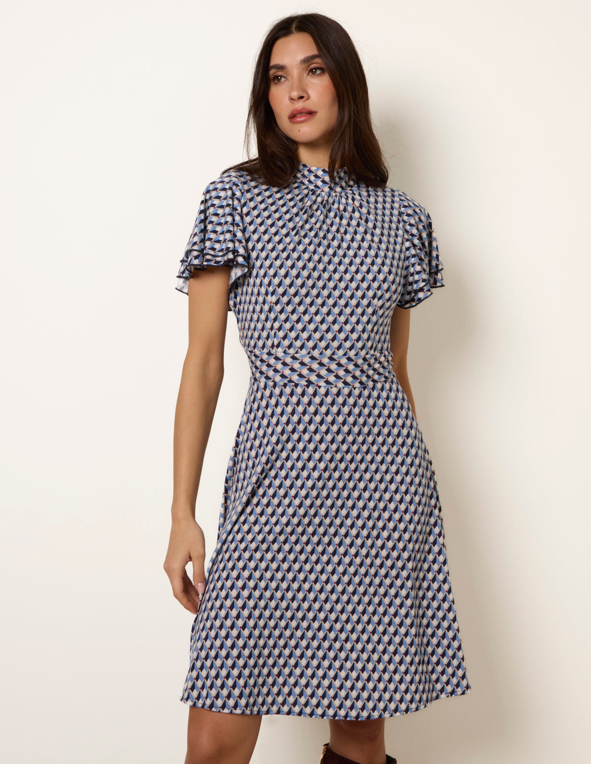 High Neck Angel Sleeve Mini Dress