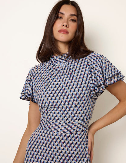 High Neck Angel Sleeve Mini Dress