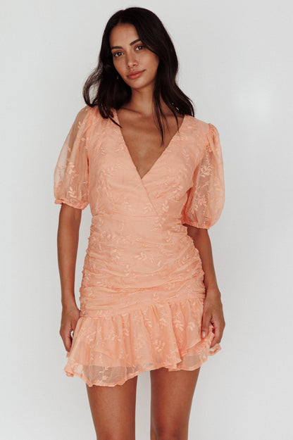 Cherry Blossom Puff Sleeve Wide Ruffle Hem Dress Orange