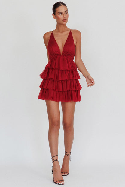 Auguste Tiered Frill Mini Dress Burgundy