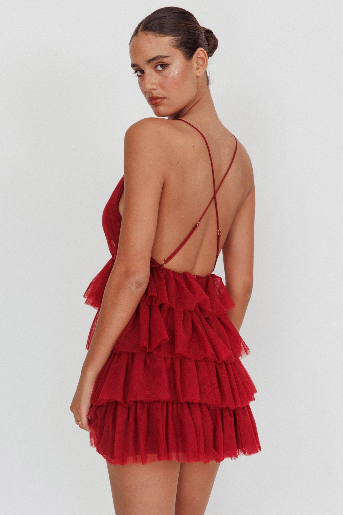 Auguste Tiered Frill Mini Dress Burgundy