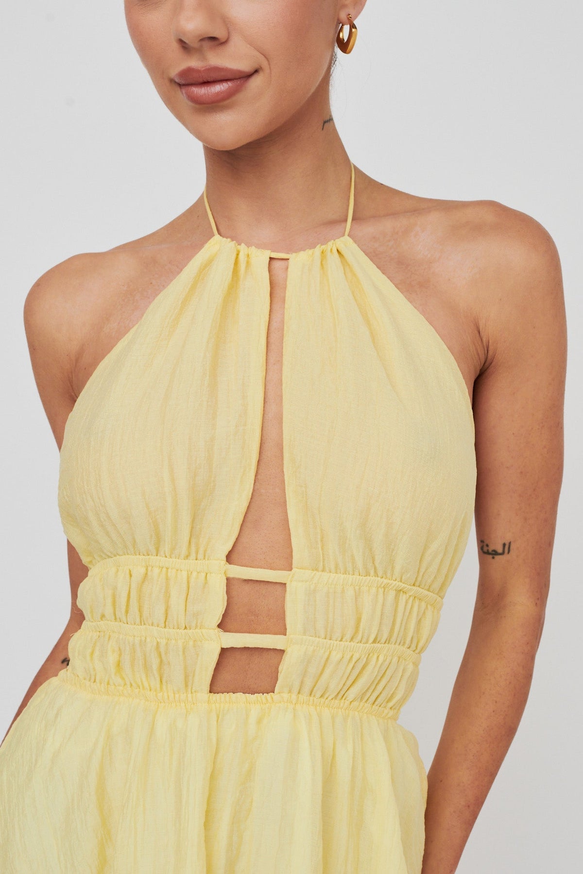 Cyndi Open Back Halterneck Mini Dress Lemon