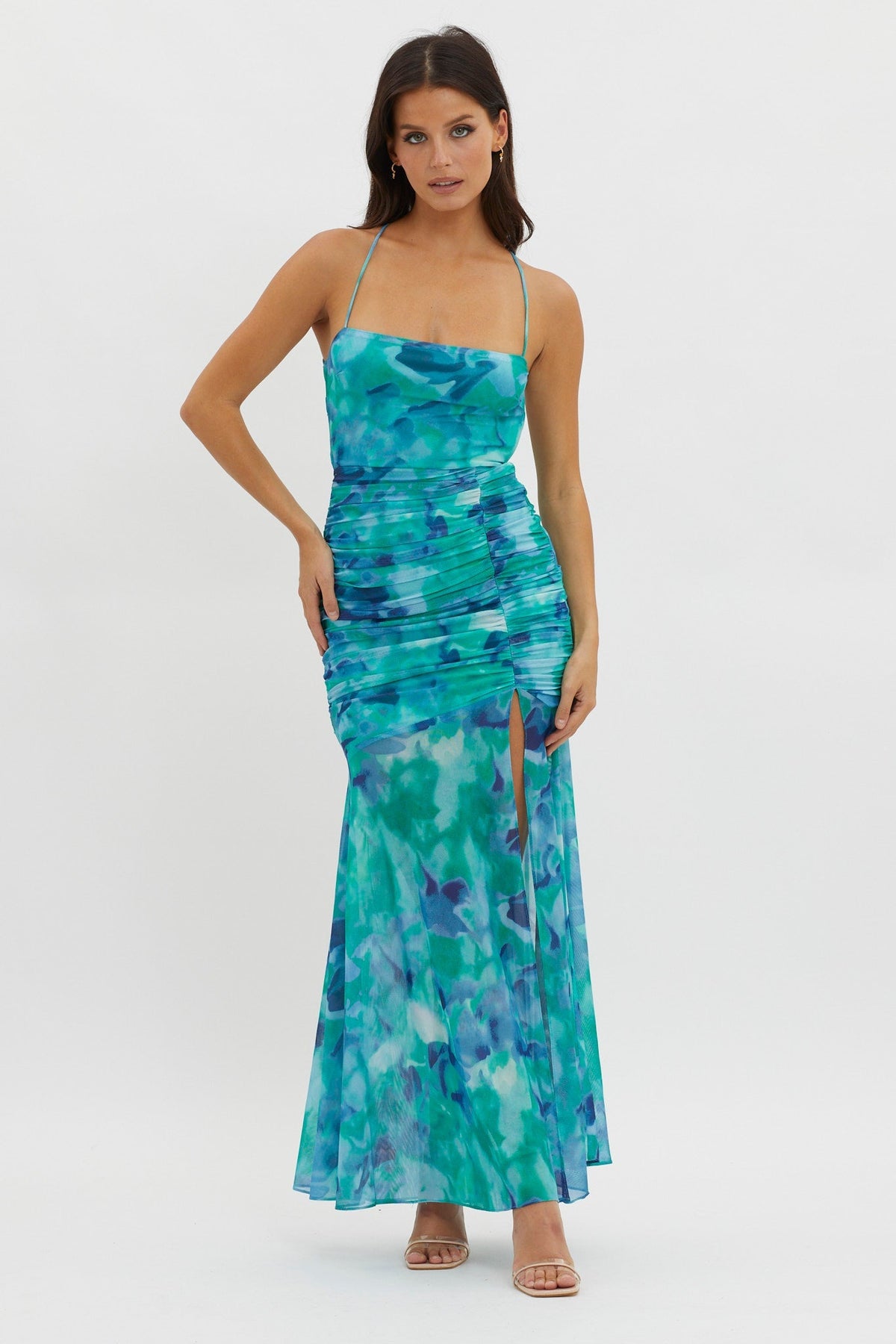 Apryl Ruched Lace-Up Back Dress Green
