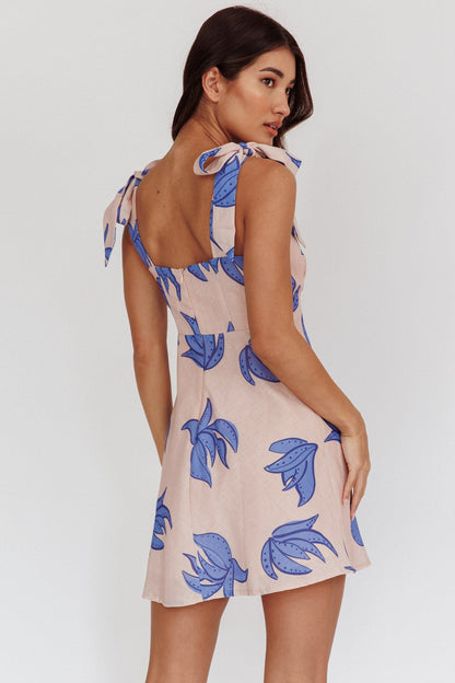 Mykonos Morning Tied Shoulder Mini Dress Plant Print Beige