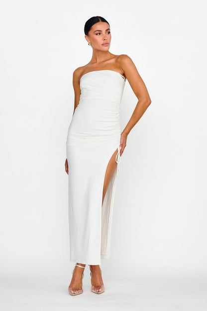 Affections Drawstring Ruched Split Maxi Dress White