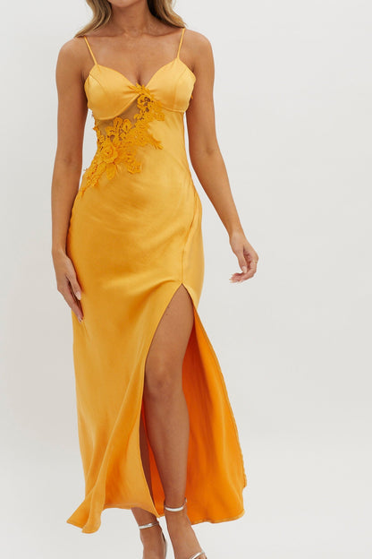 Roxana Applique Trim Split Maxi Dress Orange