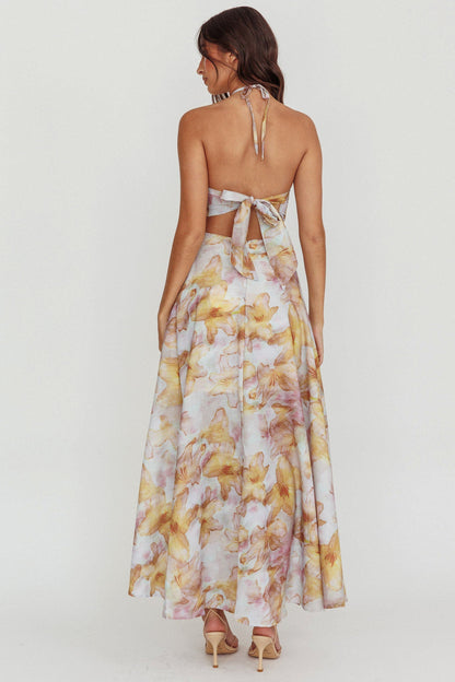 Onika Cut-Out Tied Back Floral Maxi Dress Yellow
