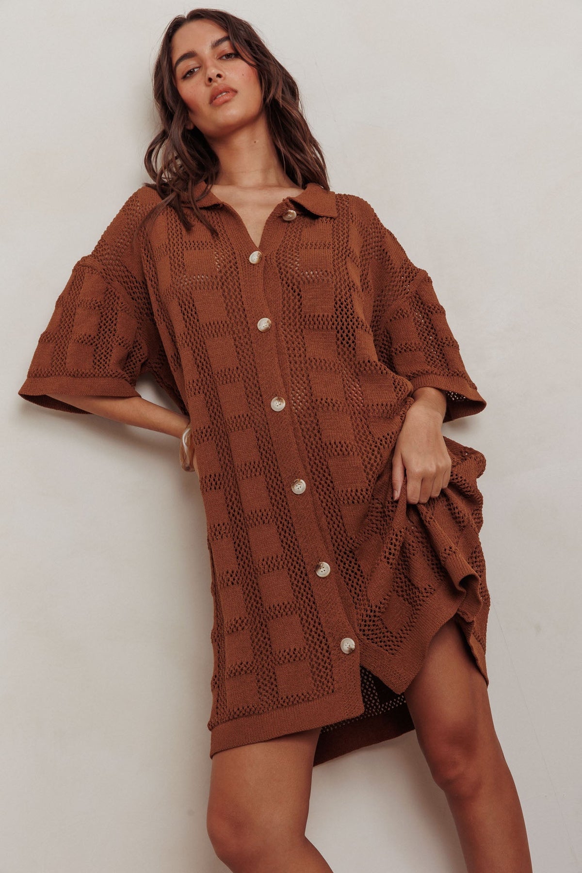 Best Friend Knit Shirt Dress Chocolate
