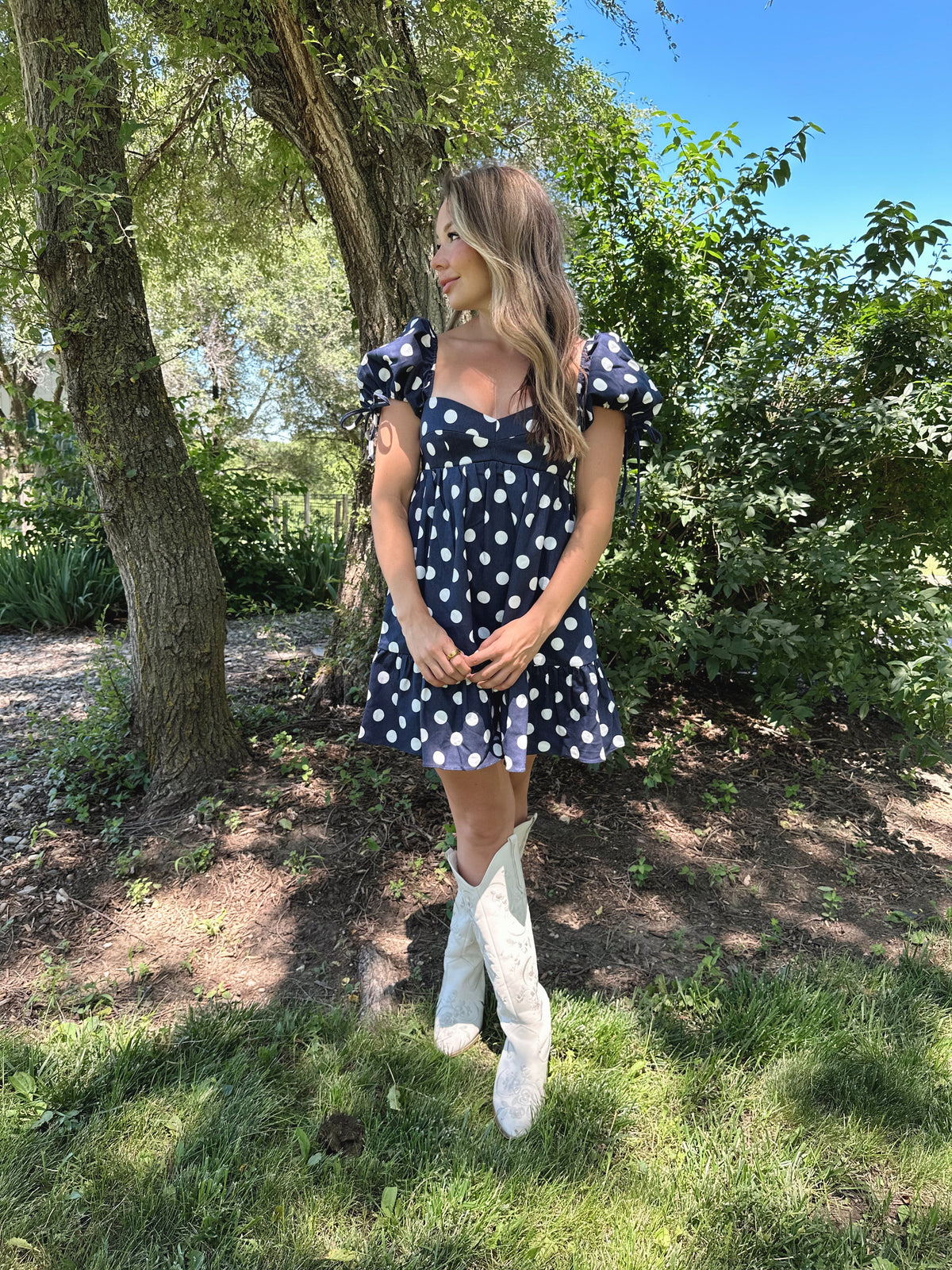 Rachel Navy Polka Dot Puff Sleeve Mini Dress