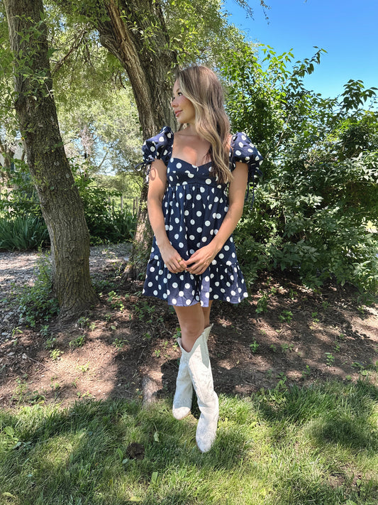 Rachel Navy Polka Dot Puff Sleeve Mini Dress
