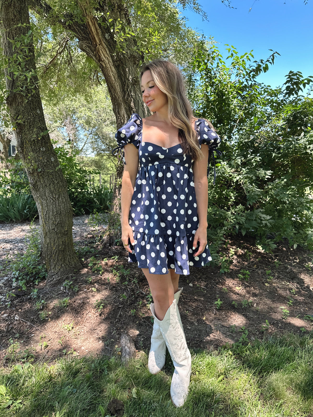 Rachel Navy Polka Dot Puff Sleeve Mini Dress