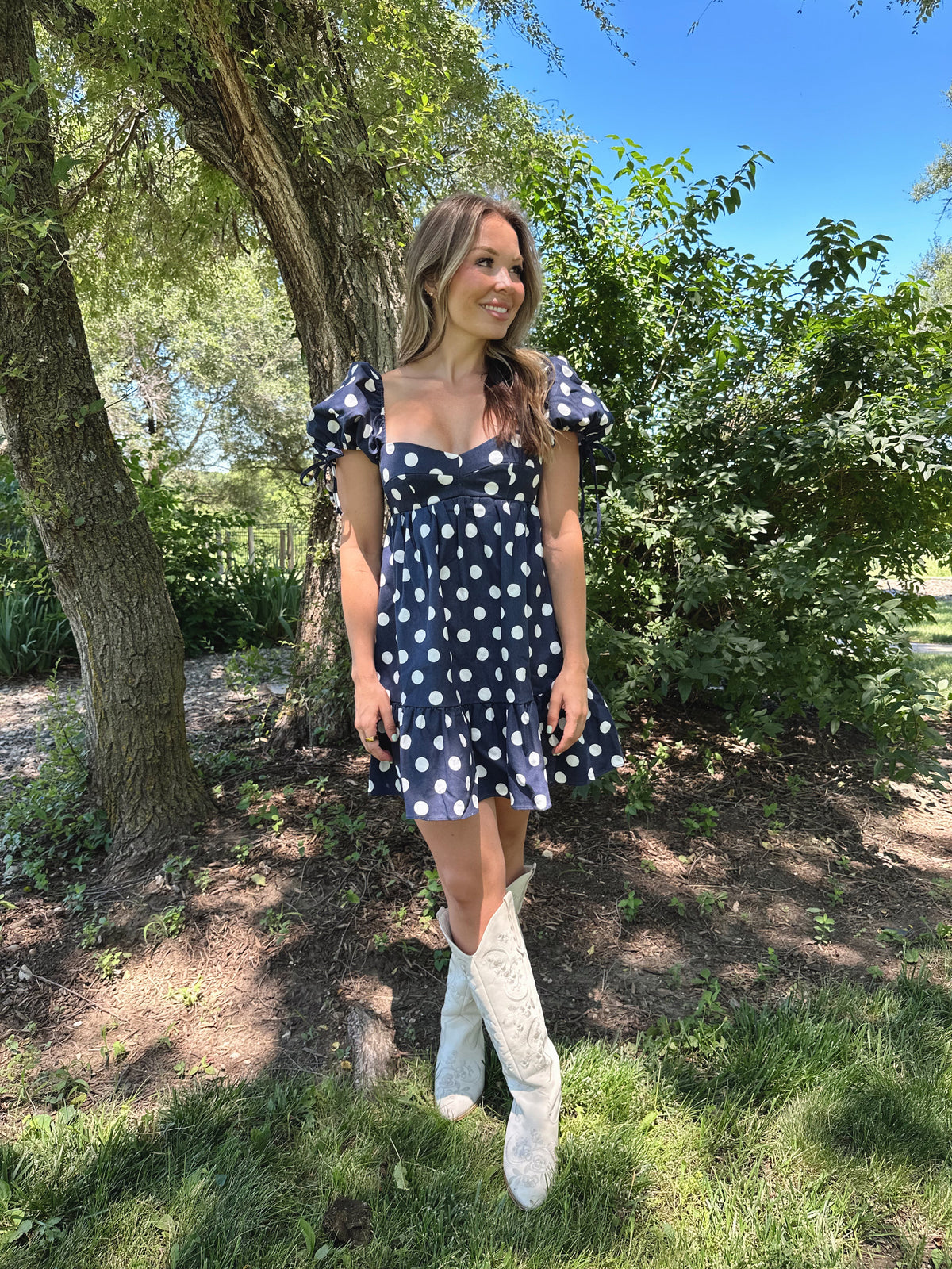 Rachel Navy Polka Dot Puff Sleeve Mini Dress