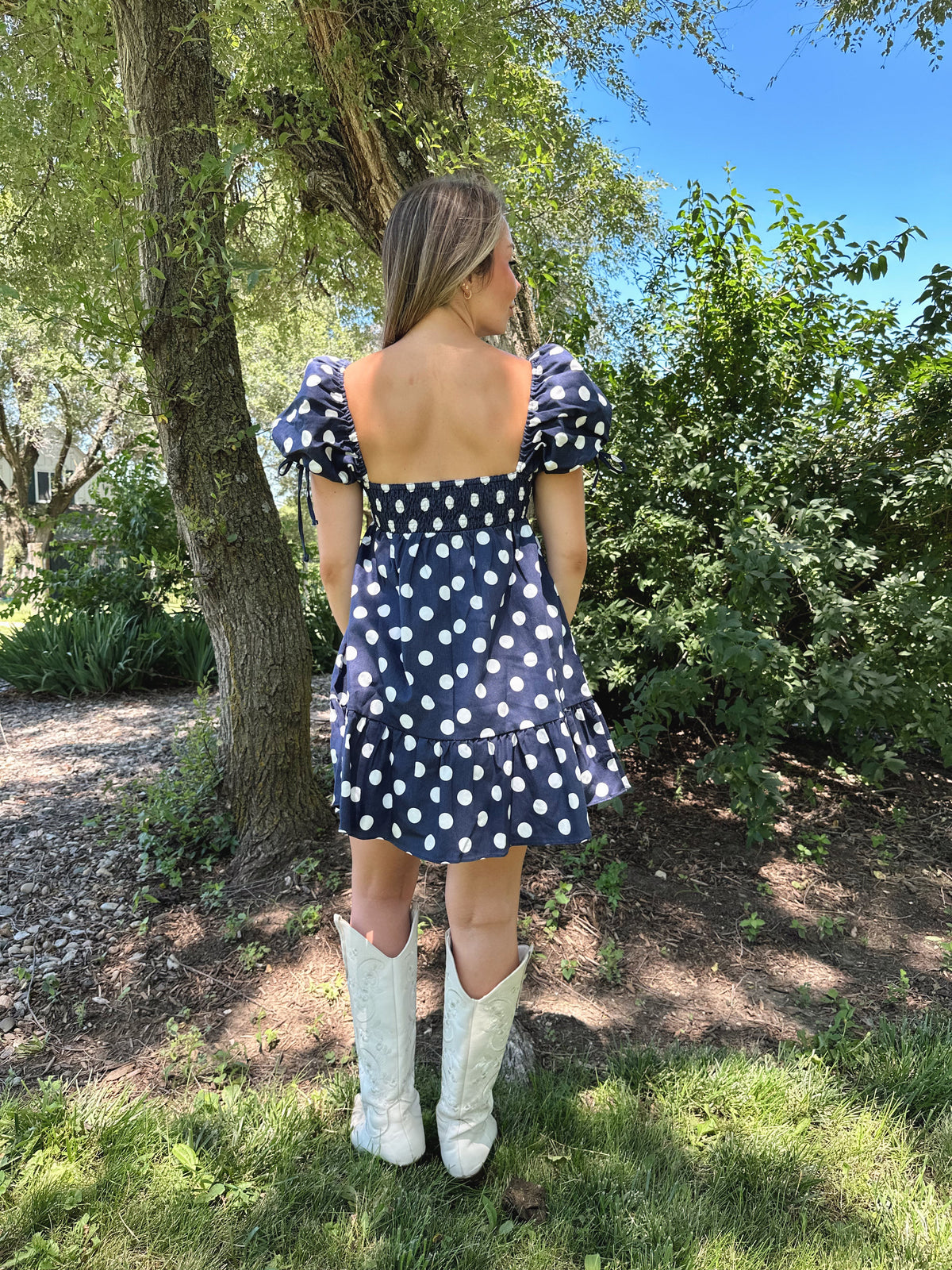 Rachel Navy Polka Dot Puff Sleeve Mini Dress