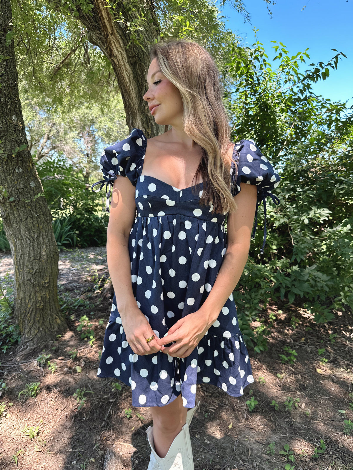 Rachel Navy Polka Dot Puff Sleeve Mini Dress