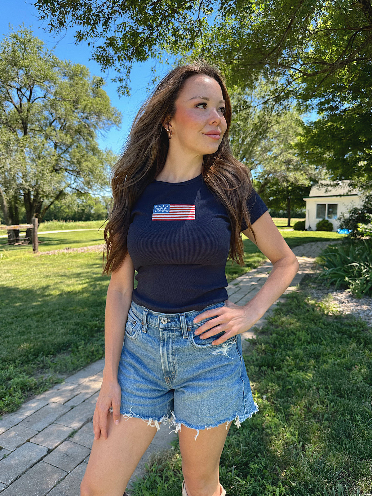 Embroidered American Flag Baby Tee- Navy
