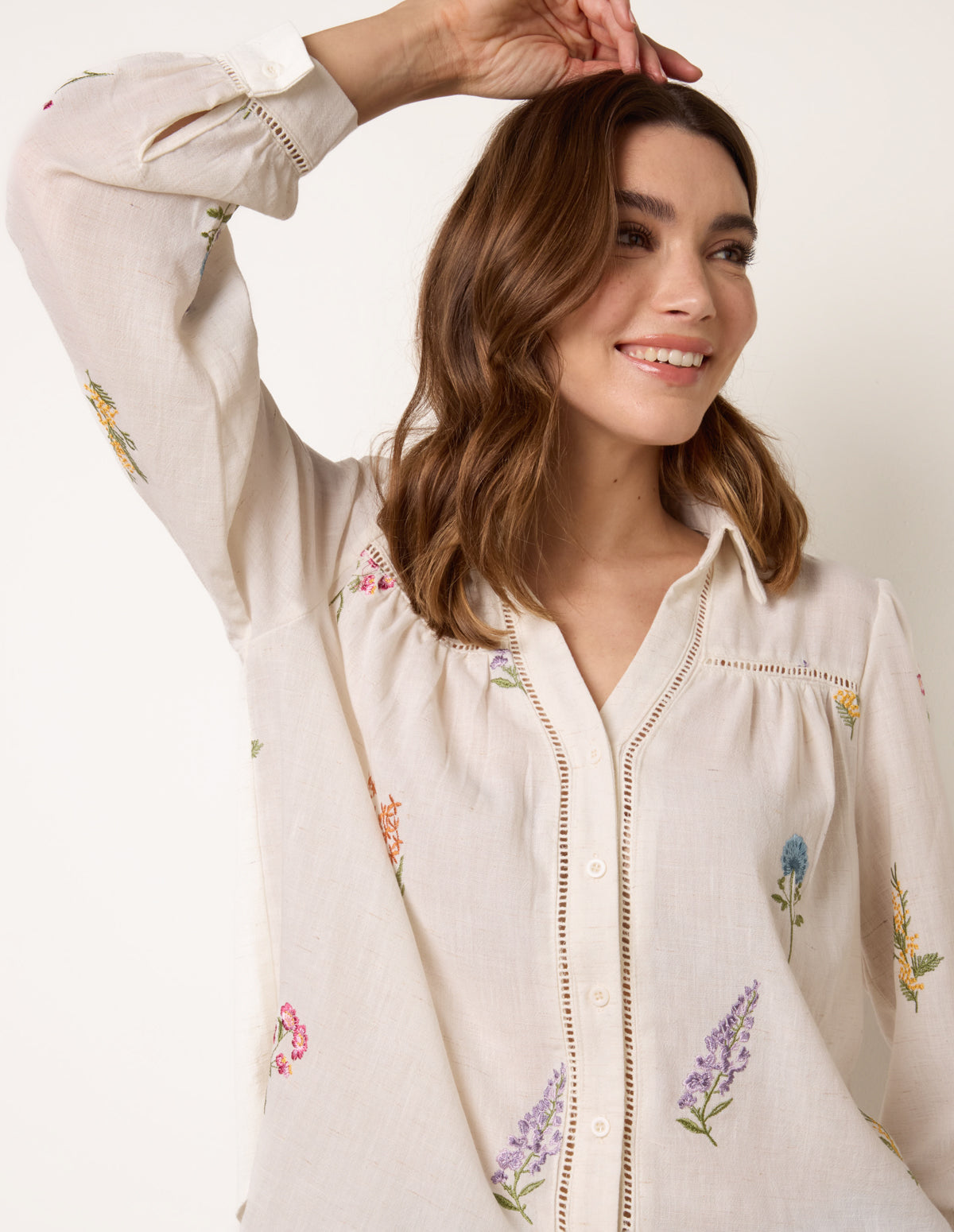 Long Sleeve Embroidered Button Front Blouse