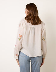 Long Sleeve Embroidered Button Front Blouse