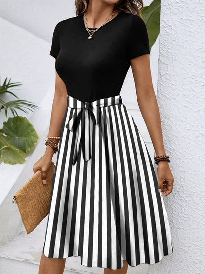 Striped Round Neck Short Sleeve Dress