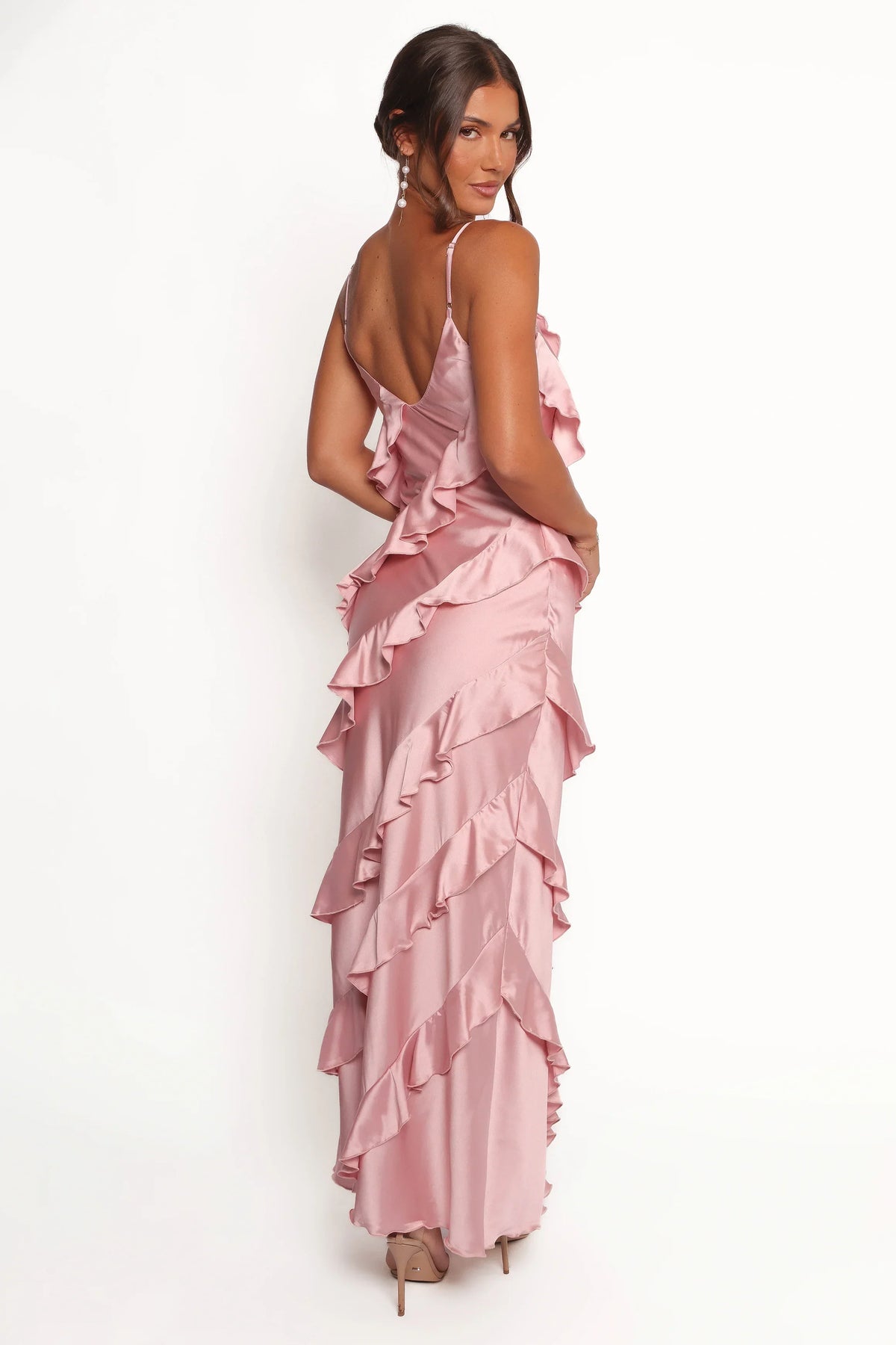 Ciao Ruffles Maxi Satin Dress - Pink