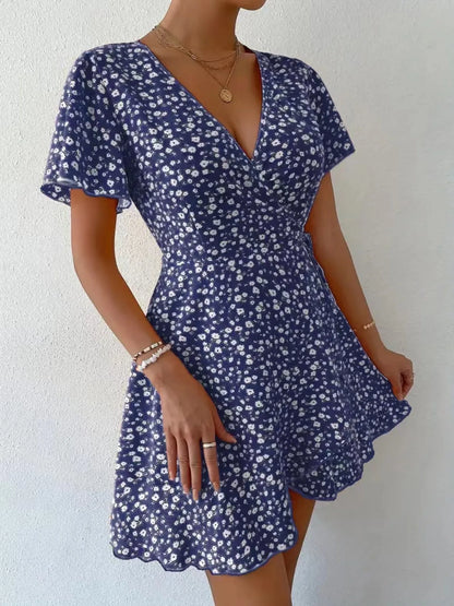 Floral Flutter Sleeve Wrap Mini Dress