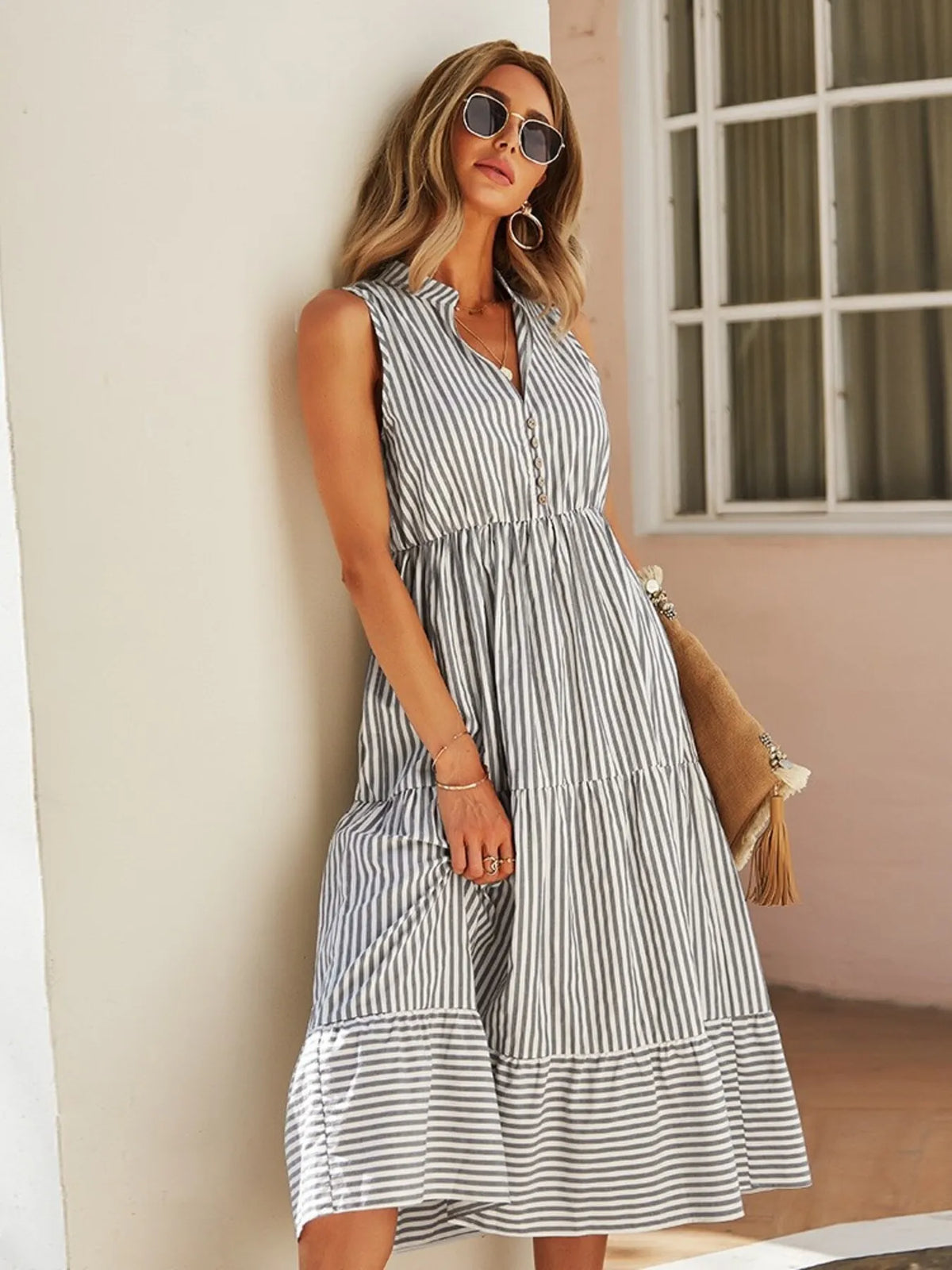 Striped Sleeveless Tiered Midi Dress