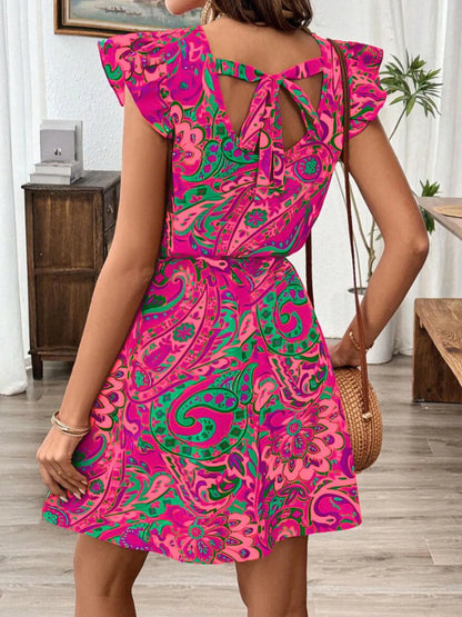 Paisley Print Ruffle Sleeve Mini Dress