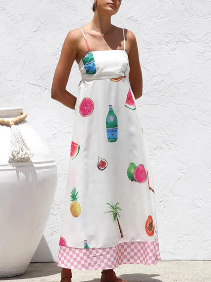 Printed Checkered Hem Cami Midi Dress