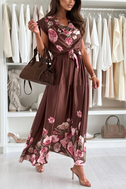 Floral Print Cap Sleeve Dress with Belt