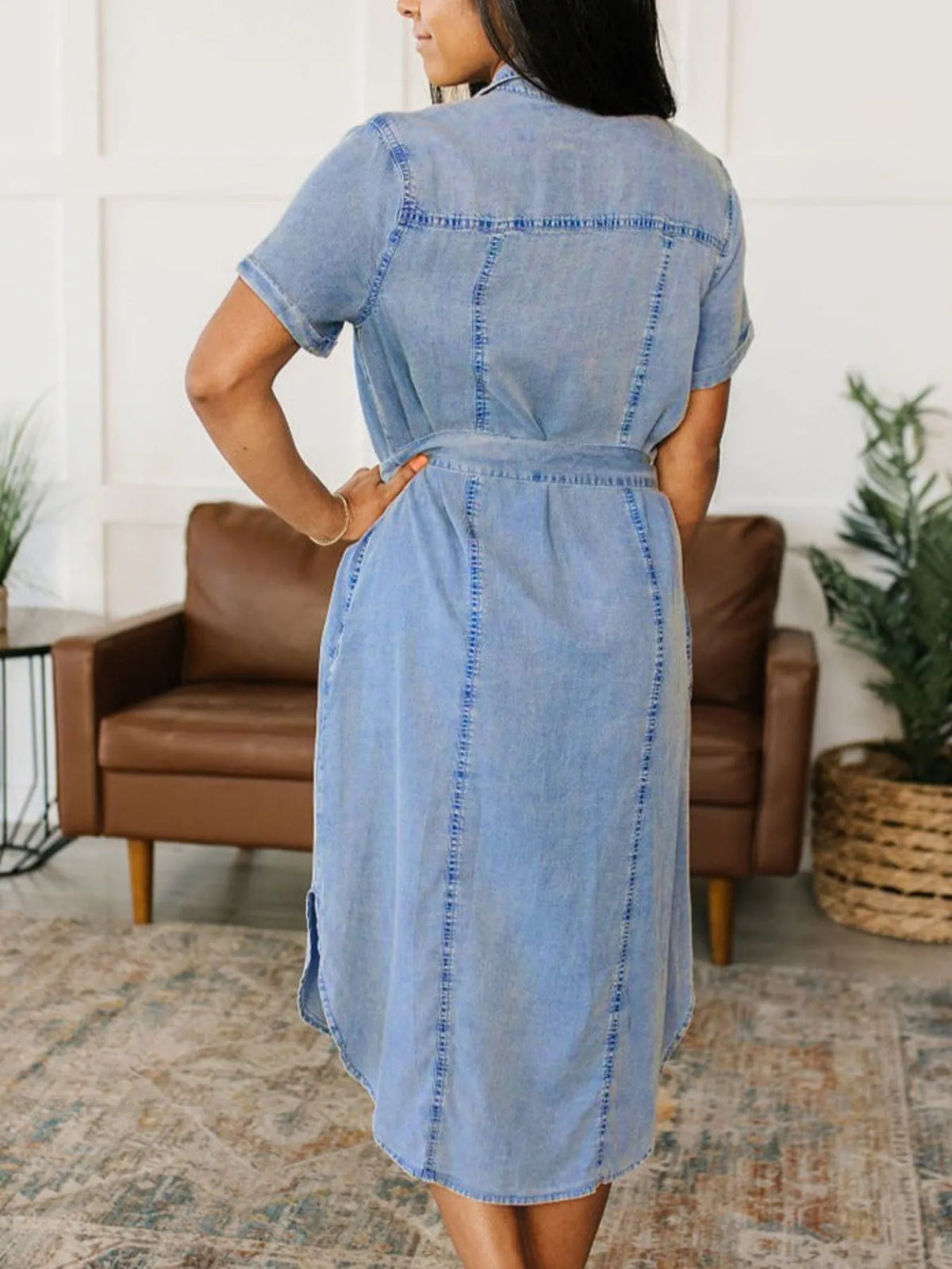 Button Front Short Sleeve Denim Dress