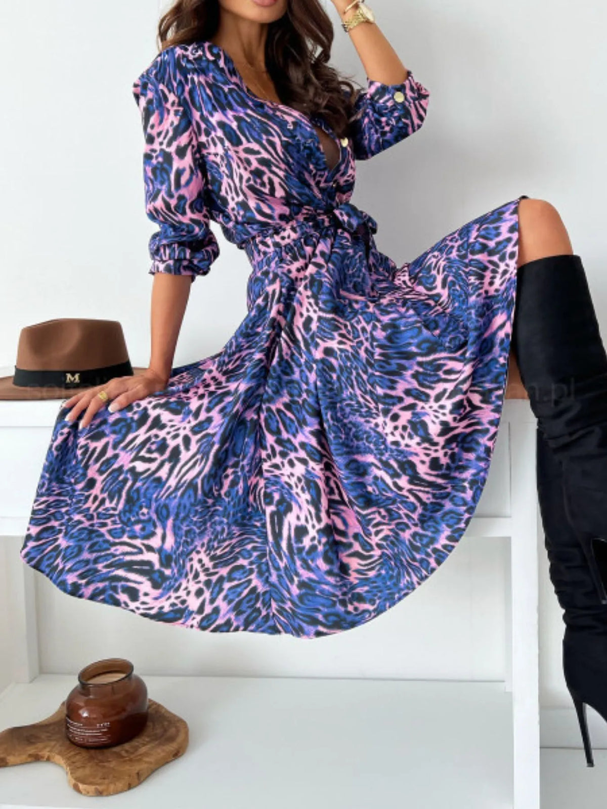 Printed Tie Waist Midi Dress