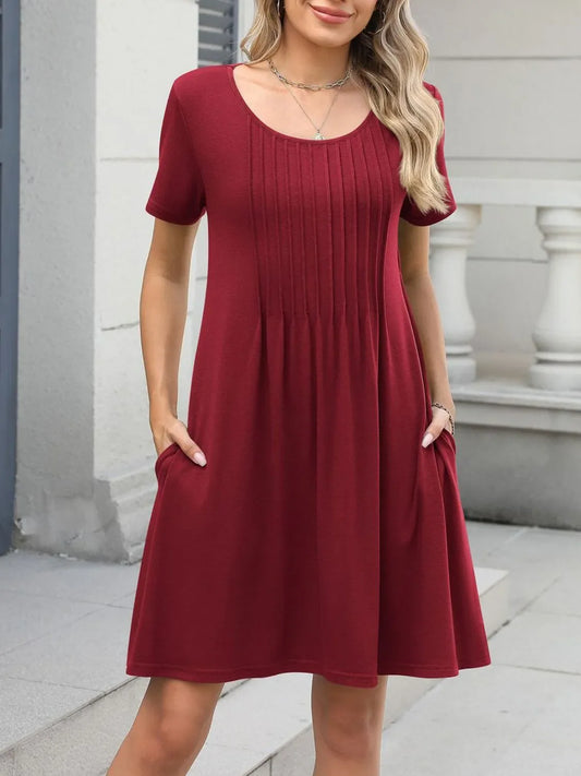 Pleated Front Round Neck Swing Dress