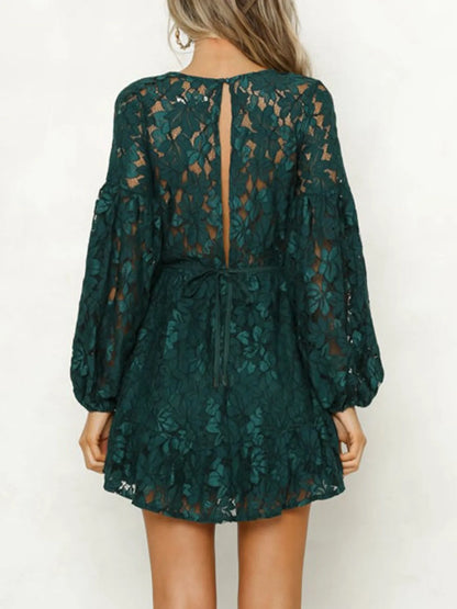 Lace V-Neck Long Sleeve Mini Dress