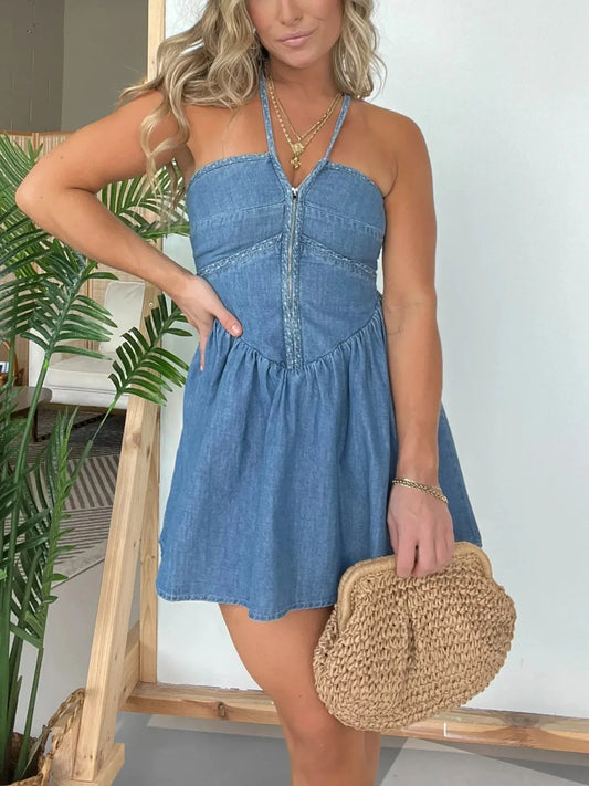 Full Size Lace Up Halter Neck Denim Dress Plus Size