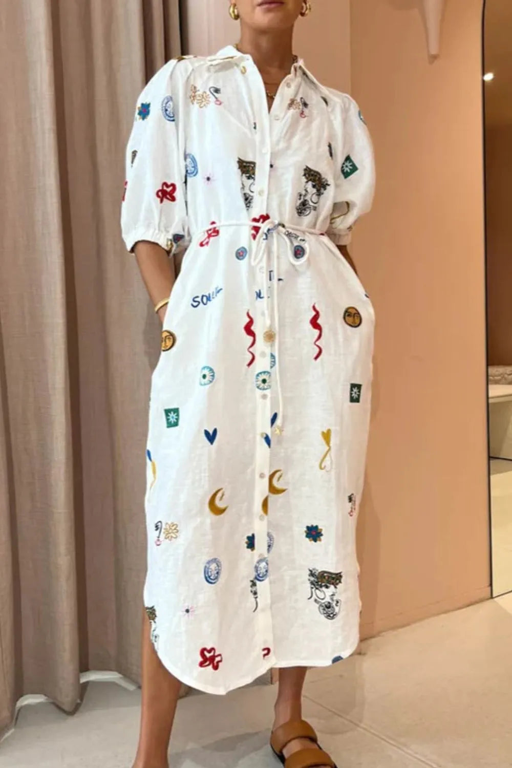 Printed Button-Up Midi Shirt Dress