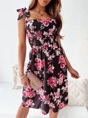 Floral Smocked Bodice Tie Shoulder Summer Dress