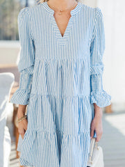 Striped Tiered Flounce Sleeve Shirt Dress