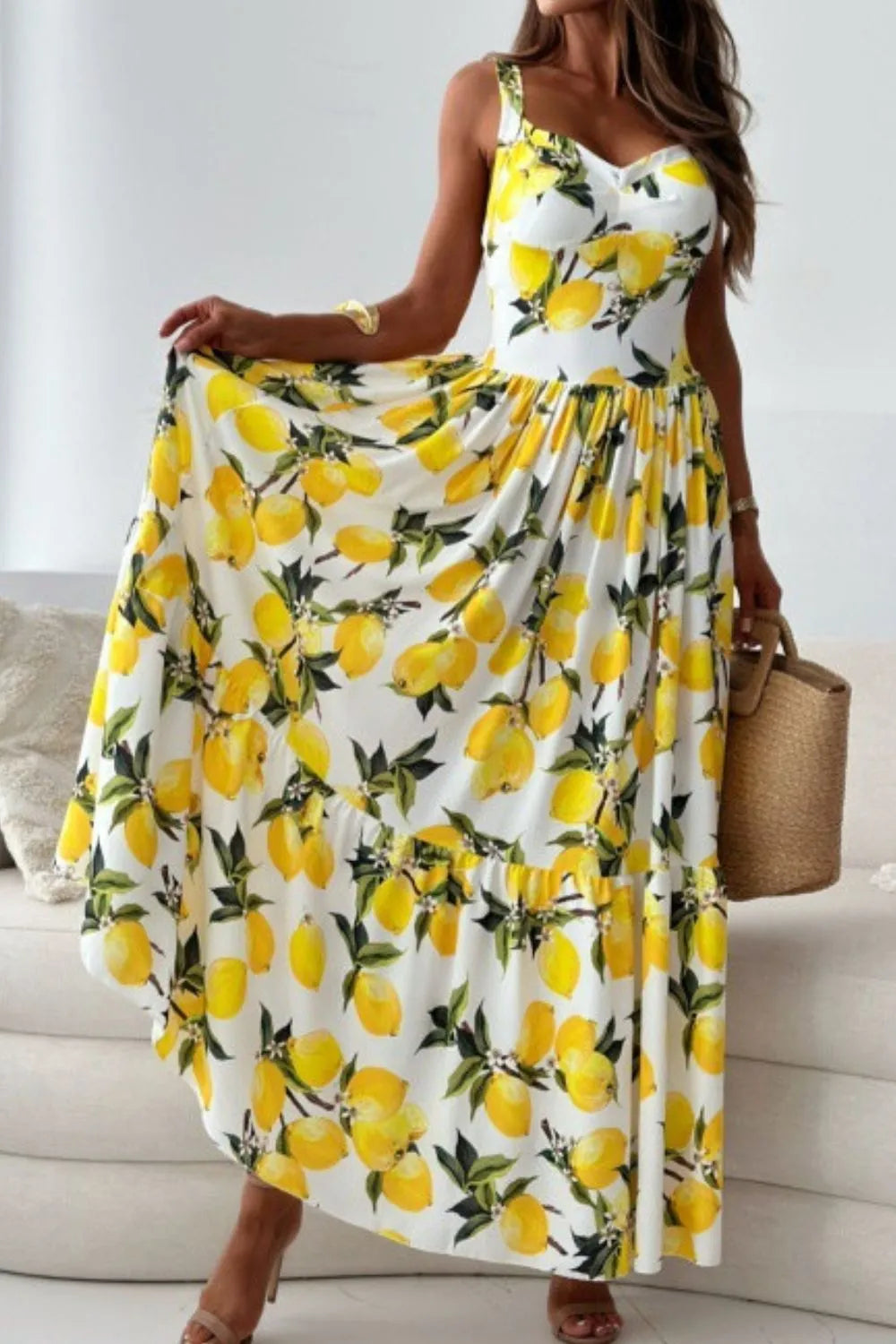 Lemon Print Sweetheart Neck Maxi Dress