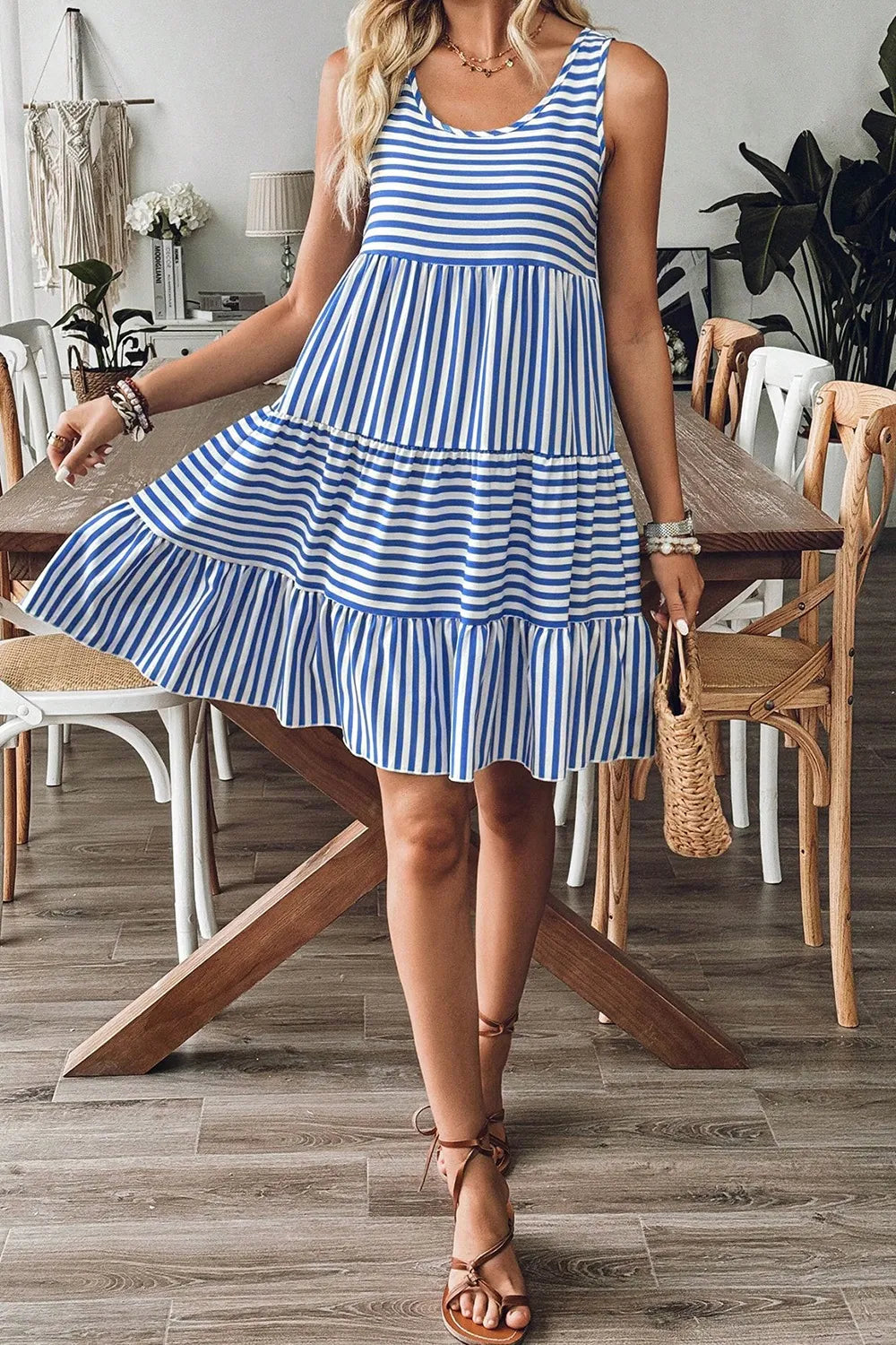Striped Round Neck Sleeveless Mini Dress