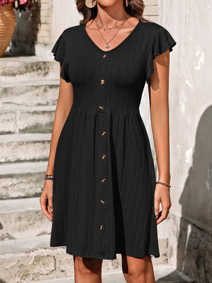 V-Neck Ruffled Cap Sleeve Dress