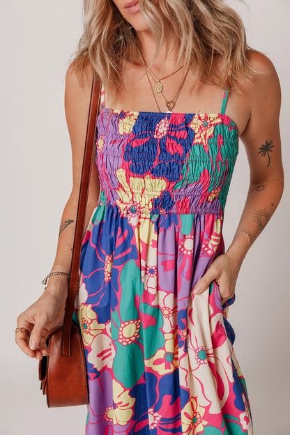 Floral Print Shirred Spaghetti Strap Loose Maxi Dress