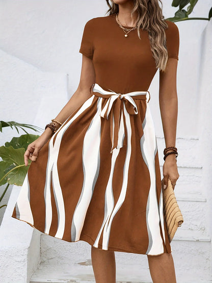 Striped Short Sleeve Tie Waist Dress