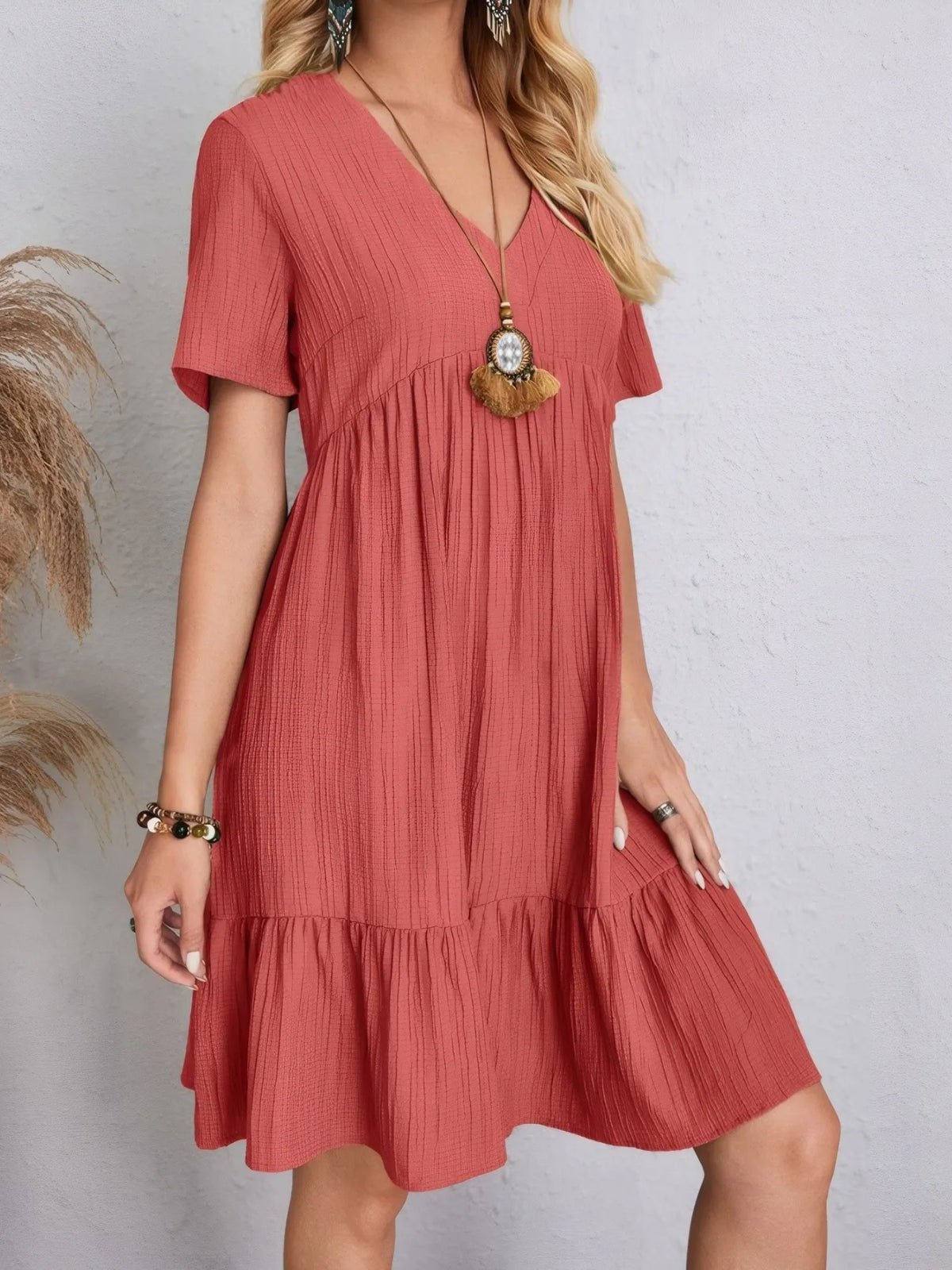 V-Neck Tiered Dress with Flutter Sleeves