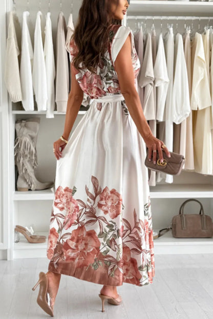 Floral Print Cap Sleeve Dress with Belt