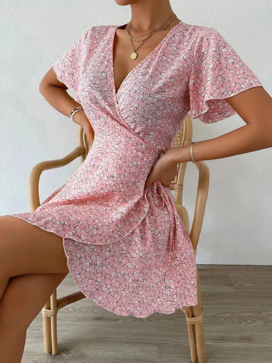 Floral Flutter Sleeve Wrap Mini Dress